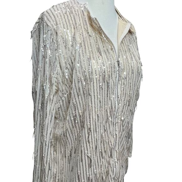 Southern Fried Chics Jacket 3XL Champagne Beige Mesh Sequin Fringe Boho Showgirl - Picture 2 of 16